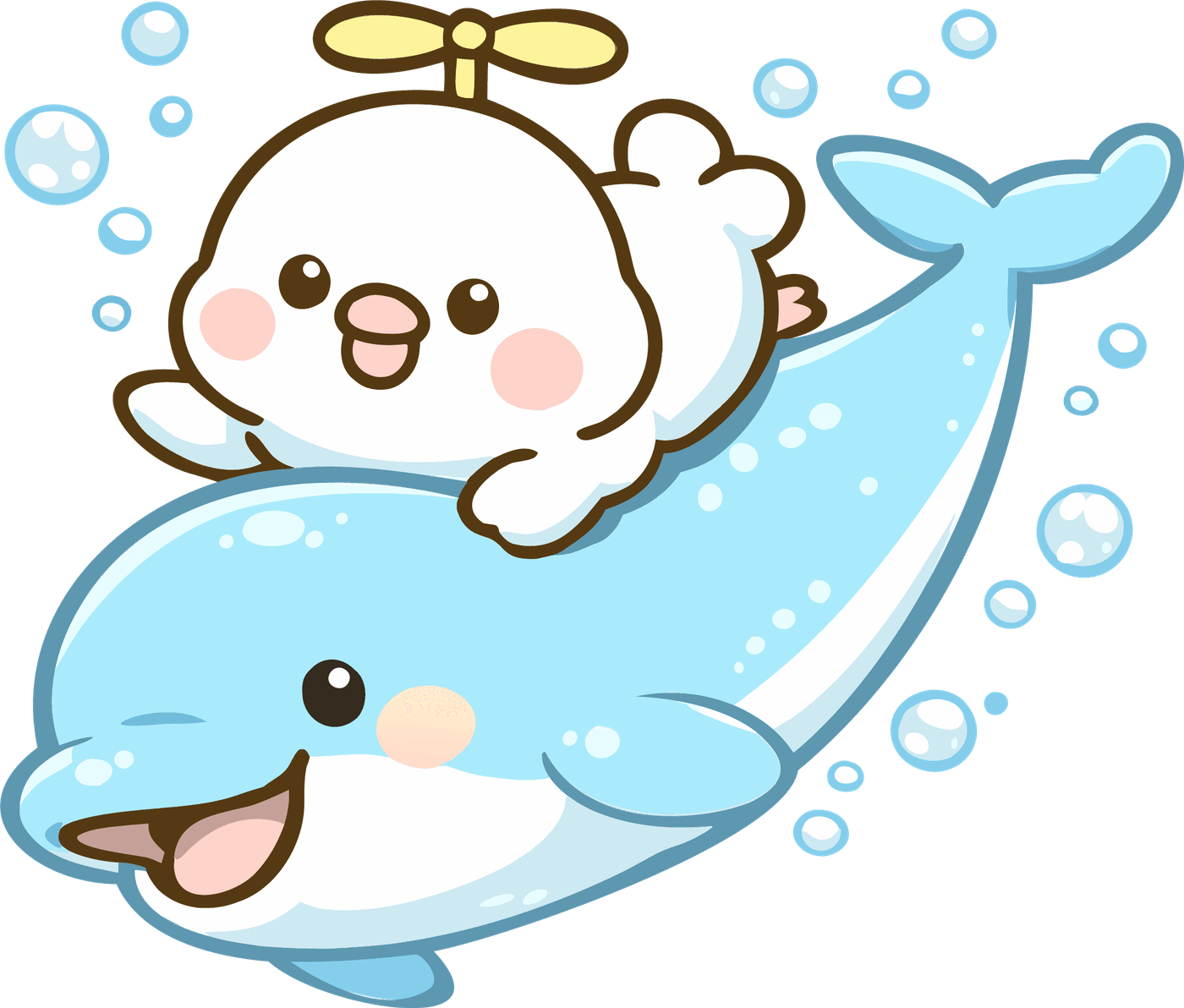 イルカさんの背中に乗って泳ぐぽっぽちゃん